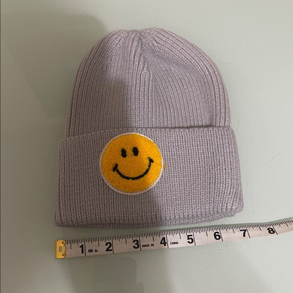 Gray Kids Beanie with Yellow Smiley Patch - Picture 3 of 5